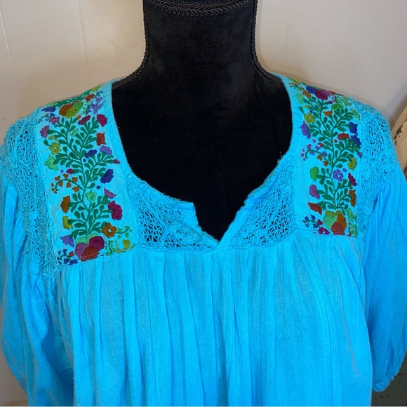 Arte Huaxyacac 100% Cotton Crochet Embroidered Size Lg Balloon Sleeve Blouse - Picture 3 of 11